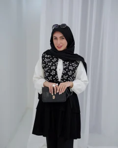 وست گلی مشکی بهاره و تابستانه، دوخته شده از تور گلدار و کریشه